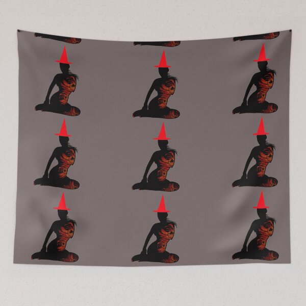 Item preview, Black sensual silhouette of witch and red chrysanthemums with blood red Halloween hat designed and sold by BV-creas.