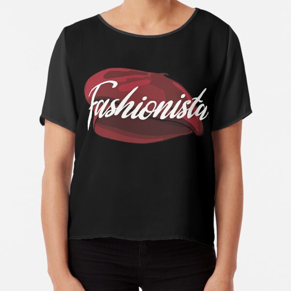 Red French Beret with the word 'Fashionista' in it Chiffon Top