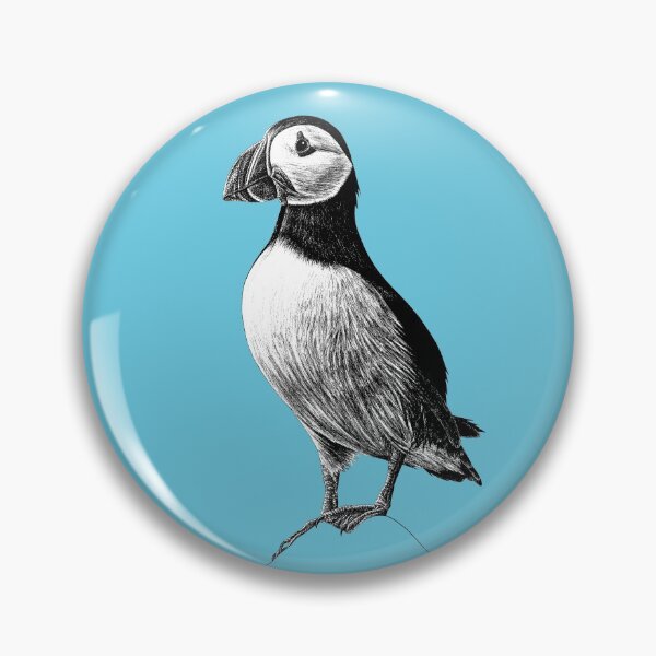 Item preview, Atlantic Puffin - wild seabird - black and white animal ink illustration - blue designed and sold by LorenDowding.