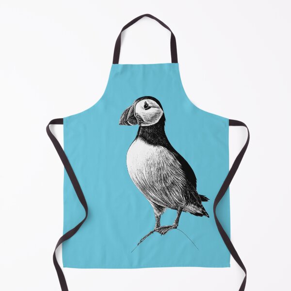 Atlantic Puffin - wild seabird - black and white animal ink illustration - blue Apron