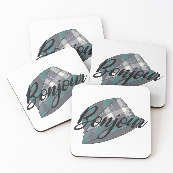 Item preview, Blue, beige and green tartan hat with the word 'bonjour' written over it    designed and sold by Fruit-Tee.
