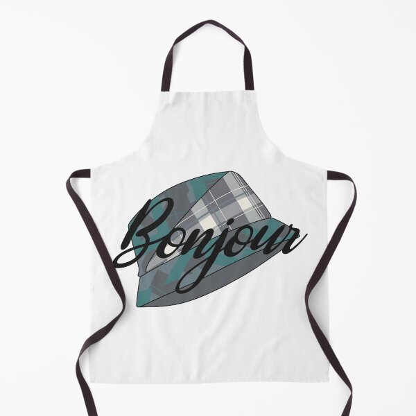 Item preview, Blue, beige and green tartan hat with the word 'bonjour' written over it designed and sold by Fruit-Tee.