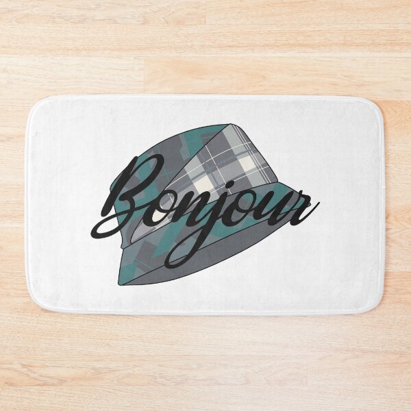 Item preview, Blue, beige and green tartan hat with the word 'bonjour' written over it    designed and sold by Fruit-Tee.