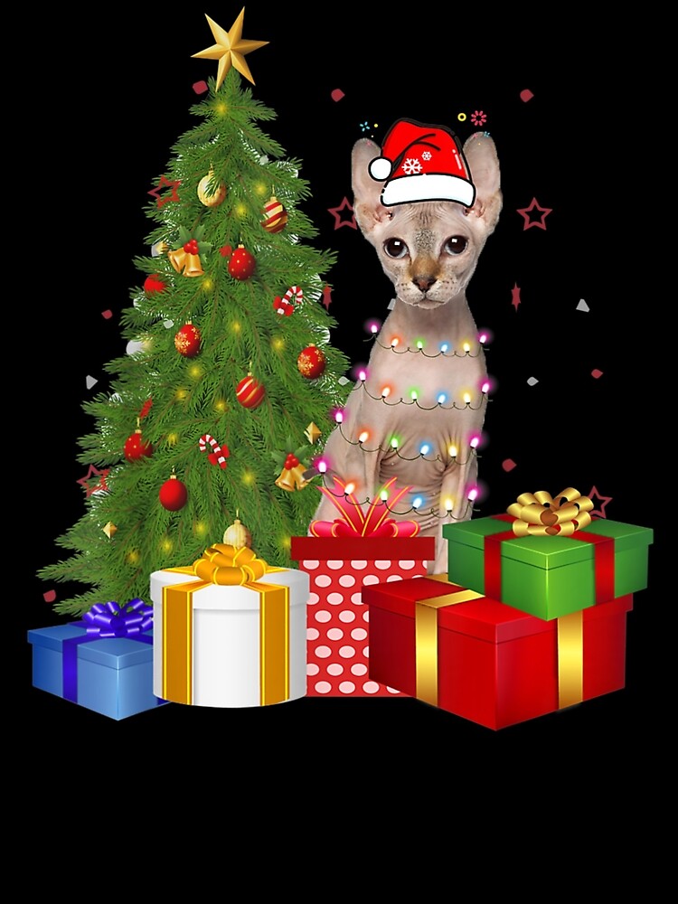"Santa Sphynx Cat Christmas Tree Light Xmas Cat" Art Print for Sale by