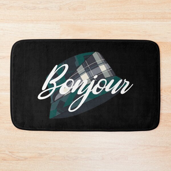 Item preview, Blue, beige and green tartan hat with the word 'bonjour' written over it    designed and sold by Fruit-Tee.