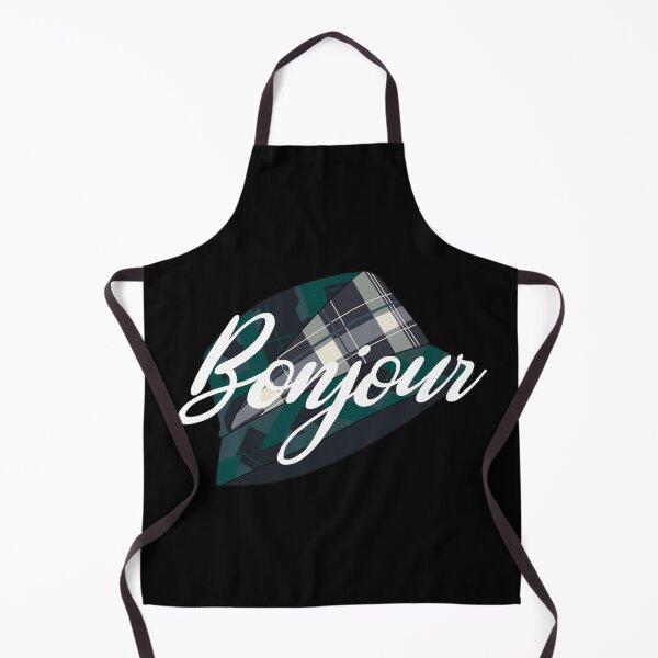 Item preview, Blue, beige and green tartan hat with the word 'bonjour' written over it designed and sold by Fruit-Tee.