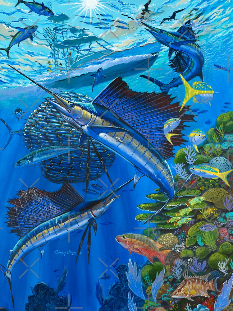 Imagen 3 de 3, Camiseta ¾ estilo béisbol con la obra Sailfish Reef, diseñada y vendida por Bluemarlin.