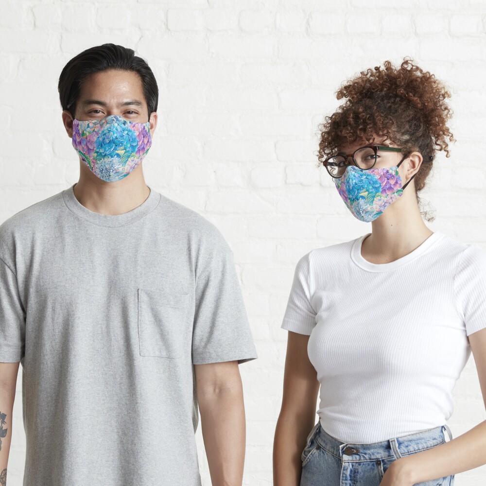 Blue Watercolor Spring Pastel Hydrangea Flower Pattern Mask