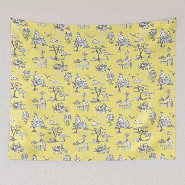 Item preview, Bad Day Toile pattern in Traditional Yellow and Gray designed and sold by Quick Brown Fox Canada.