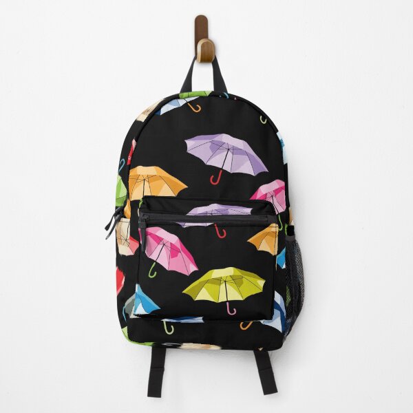 Item preview, Bright jewel-tone umbrellas tumble across a high contrast black background designed and sold by Carswell King Design.