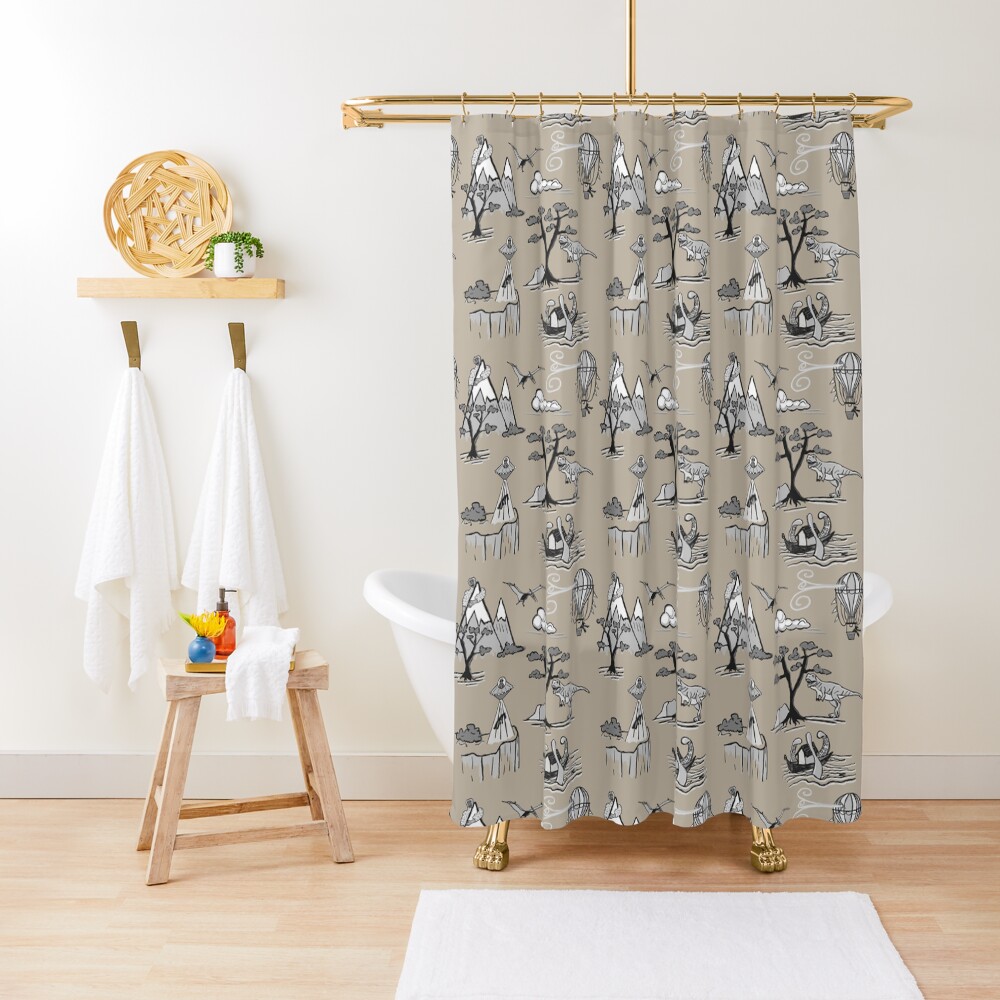 "Bad Day Toile pattern in Black on beige" Shower Curtain for Sale by