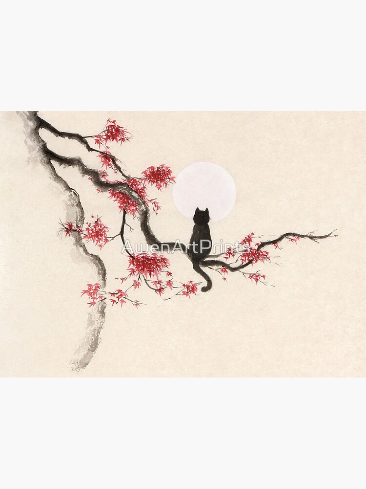 Painting of a black cat sitting on maple tree with red autumn leaves gazing at the full moon art print by AwenArtPrints