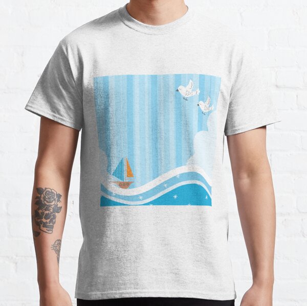 Sailing boat on the ocean with seagulls Classic T-Shirt