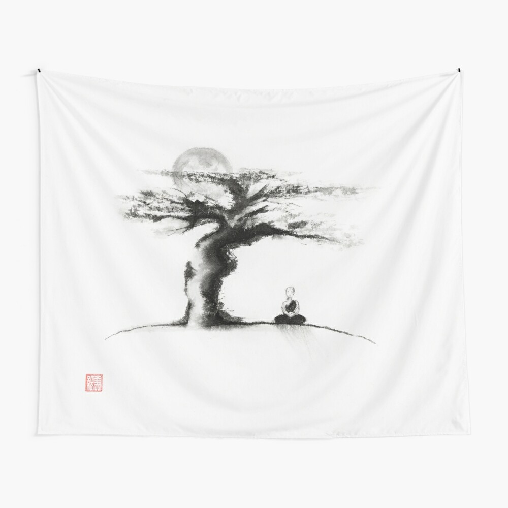 Lienzo Un Monje Meditando Bajo Un Viejo Arbol A La Luz De La Luna Pintura Japonesa Zen Sumi E De Awenartprints Redbubble