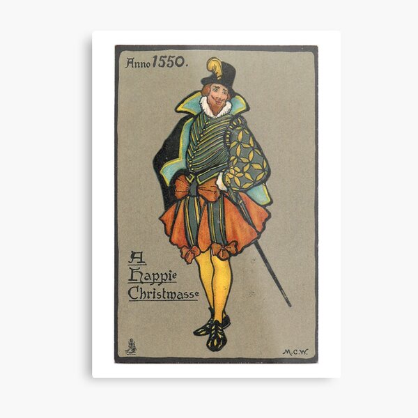 Vintage "Anno 1550, A Happie Christmasse" Christmas Holly Postcard (1904) Metal Print
