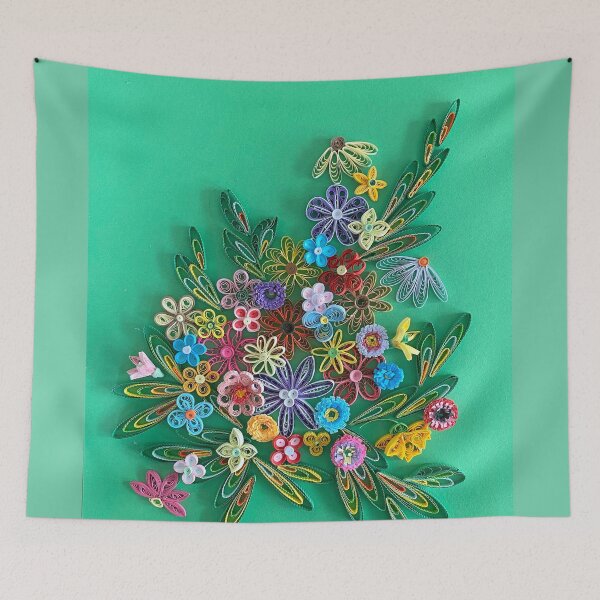 Item preview, Vivid multicolour quilled flowers on teal green background (THIS IS A PRINT) designed and sold by folkyouall.
