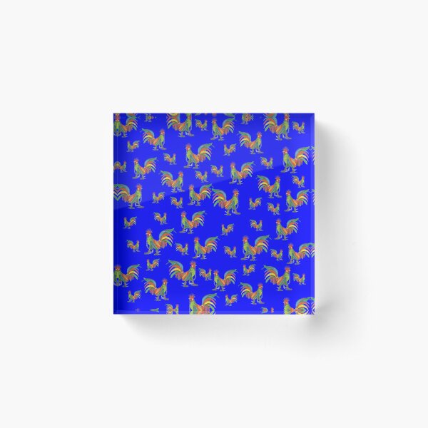 Punky Rooster Pattern on Blue Prime Acrylic Block