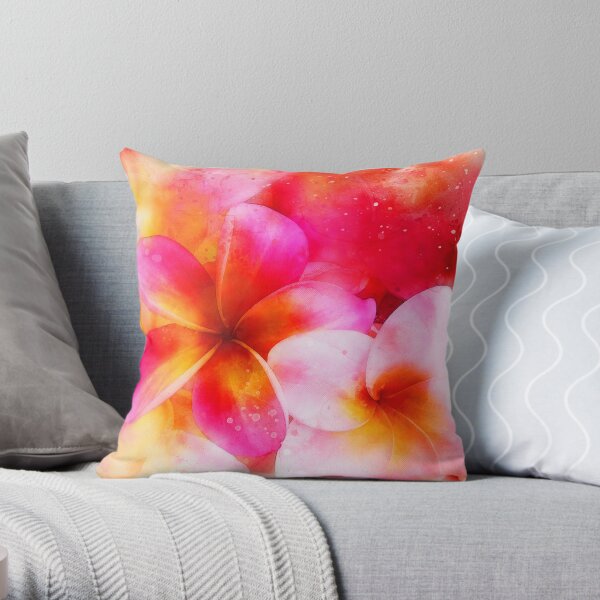 Hawaiian Plumeria in Neon Pink, Yellow, and White - Bright Tropical Floral Throw Pillow