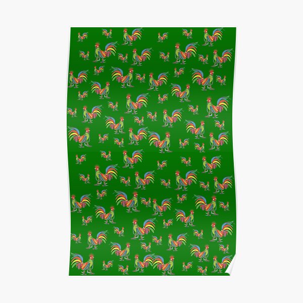 Punky Rooster Pattern on Grass Green Poster