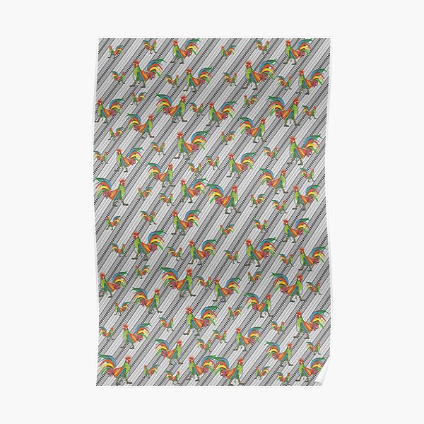 Punky Rooster Pattern on Lite Gray Stripped Poster