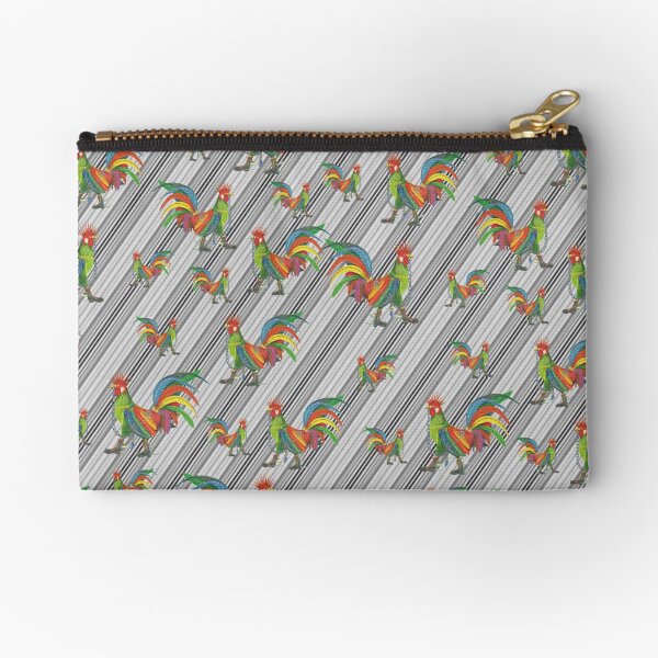 Punky Rooster Pattern on Lite Gray Stripped Zipper Pouch
