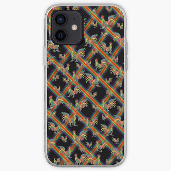Punky Rooster Pattern on Rainbow Hatched Black iPhone Soft Case