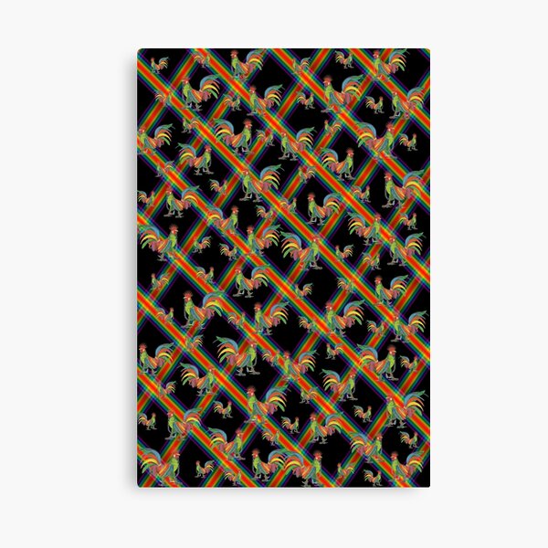 Punky Rooster Pattern on Rainbow Hatched Black Canvas Print