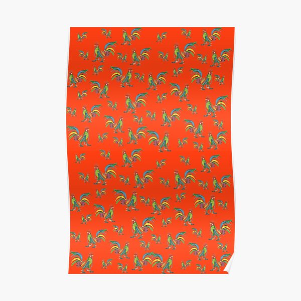 Punky Rooster Pattern on Red Orange Poster