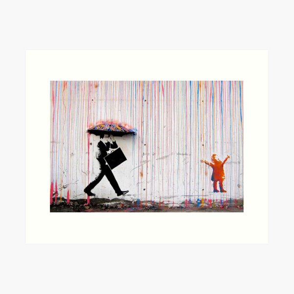 Aperçu de l'œuvre Banksy Red Colored Paint Rain Street Art Print Impression sur toile contemporaine moderne créée et vendue par CanvasKnight.