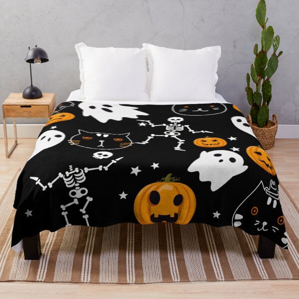 Item preview, spooky cats and Halloween pumpkins seamless vector pattern on black background designed and sold by mashmosh.