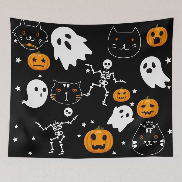 Item preview, spooky cats and Halloween pumpkins seamless vector pattern on black background designed and sold by mashmosh.