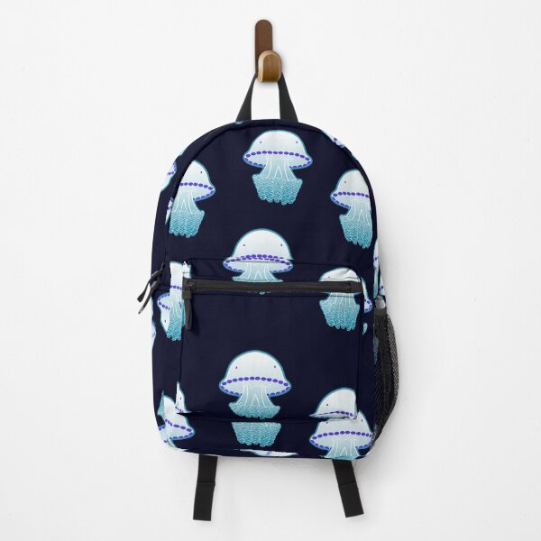 Item preview, Rhizoma Pulmo neon jellyfish illustration with pattern of jellyfishes on dark blue background designed and sold by tostoini.