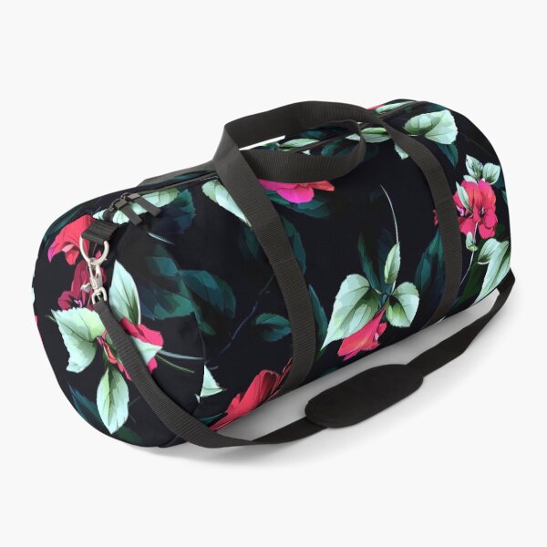 Artikelvorschau, Blätter mit roten Blüten auf schwarz. entworfen und verkauft von StylePrints.