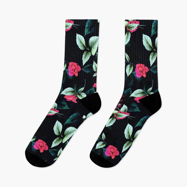 Artikelvorschau, Blätter mit roten Blüten auf schwarz. entworfen und verkauft von StylePrints.