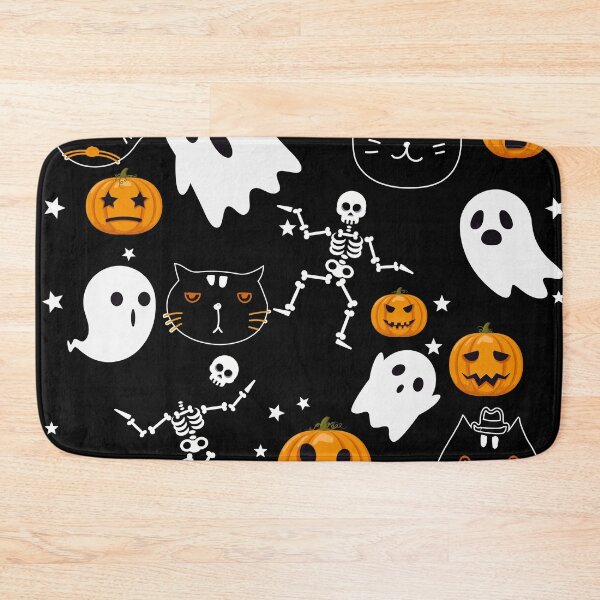 Item preview, spooky cats and Halloween pumpkins seamless vector pattern on black background designed and sold by mashmosh.