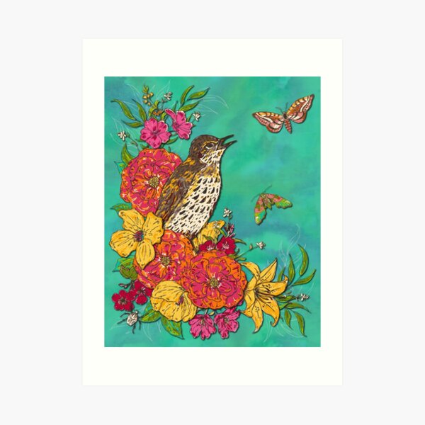 Floral Song Thrush Art Print