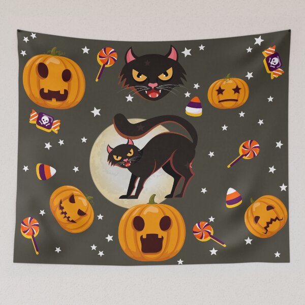 Item preview, Halloween candy and spooky cats and Halloween pumpkins seamless colorful pattern designed and sold by mashmosh.