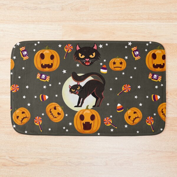 Item preview, Halloween candy and spooky cats and Halloween pumpkins seamless colorful pattern designed and sold by mashmosh.