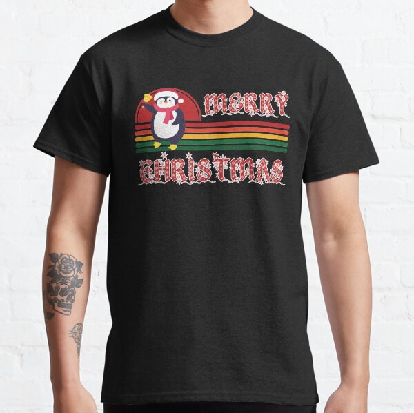 Merry Christmas, Holiday Penguin on Retro Sunset Background Classic T-Shirt