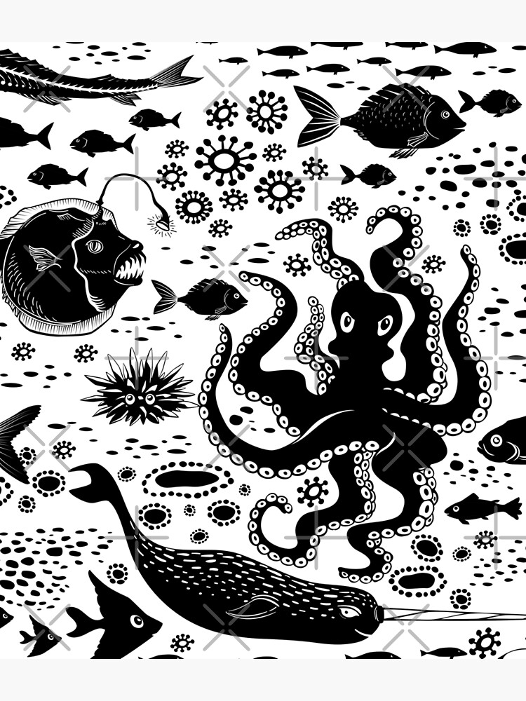 Monochrome Doodle Underwater Marine Life by renju1902