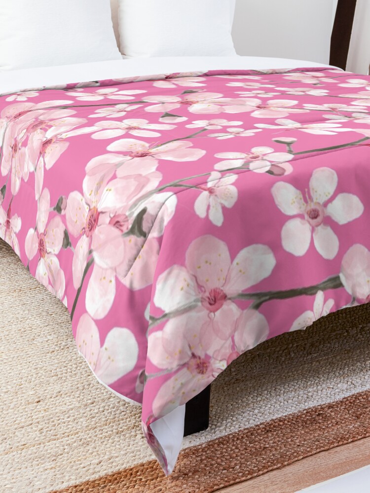 Alternate view of Pink Cherry Blossom watercolor Comforter