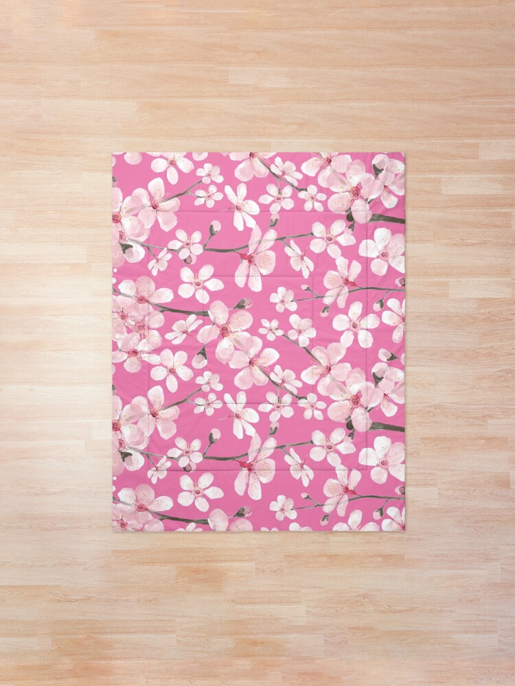 Alternate view of Pink Cherry Blossom watercolor Comforter