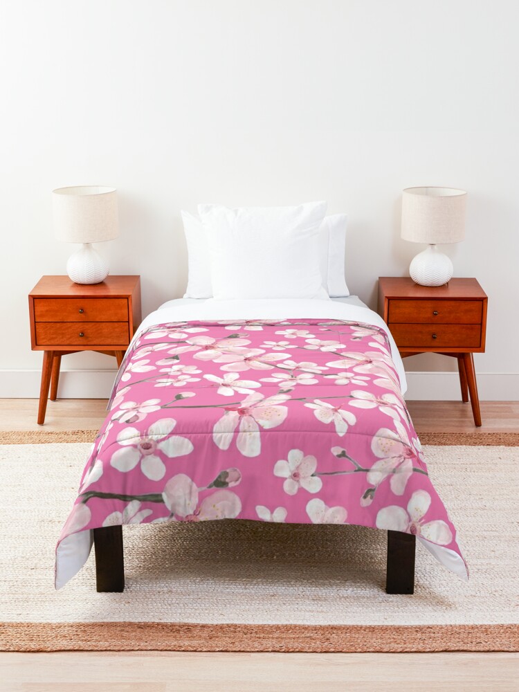 Comforter, Pink Cherry Blossom watercolor floral designed and sold by MagentaRose