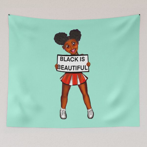 Item preview, Black is beautiful black girl cheerleader with Afro hair in puffs, dimples, brown eyes and dark brown skin side profile. Hair love ! designed and sold by Artonmytee.
