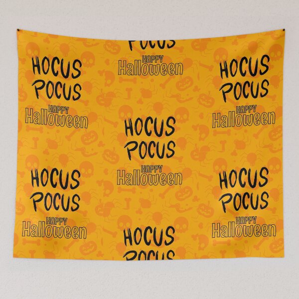 Item preview, hocus pocus happy Halloween pumpkins skulls seamless pattern on orang background designed and sold by mashmosh.