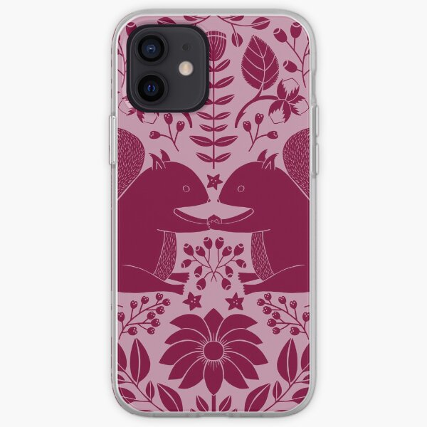 Squirrels sharing a hazelnut, intricate flowers and leaves in a circle - Red and rose iPhone Soft Case