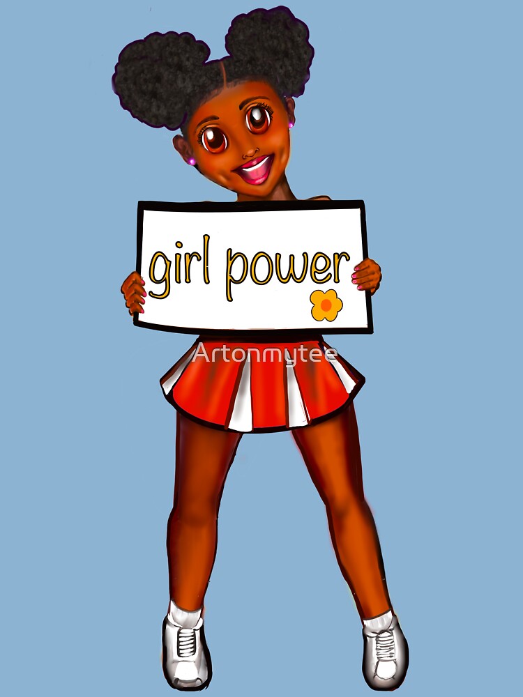 Girl power black anime girl cheerleader with Afro hair in puffs