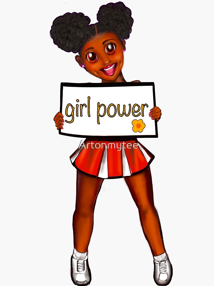 Girl power black anime girl cheerleader with Afro hair in puffs, dimples,  brown eyes and dark brown skin side profile. Hair love !