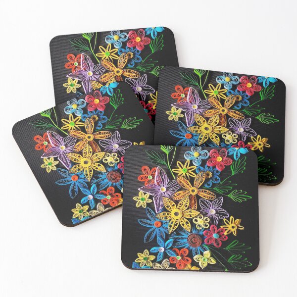 Item preview, Vivid multicolour quilled flowers on black background (THIS IS A PRINT) designed and sold by folkyouall.