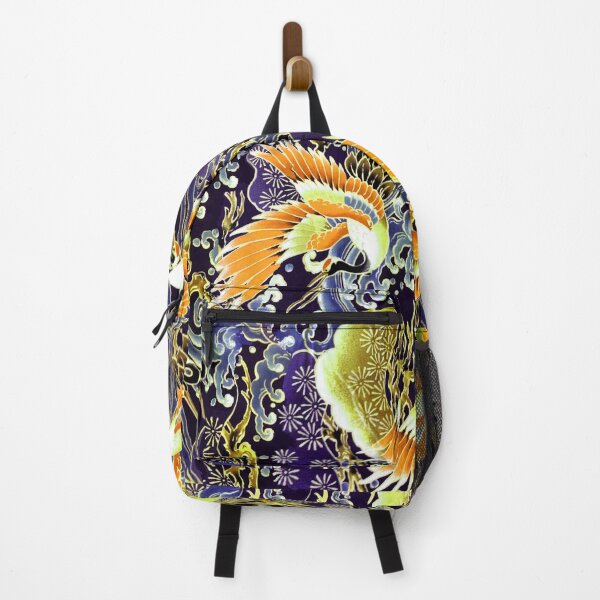 Item preview, JAPANESE FLYING CRANES ,FLOWERS, SEA WAVES ,YELLOW ORANGE NAVY BLUE FLORAL designed and sold by BulganLumini.